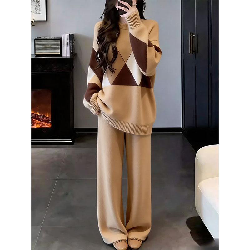 レディース 秋冬 ニットセット ゆったりトップス ワイドパンツ ツーピース フィット スリム見せ ビッグサイズ ウエストシェイプ カジュアル セーター セットアップ
