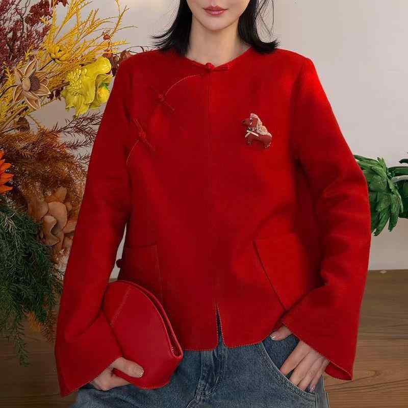 レディース 冬用 中国風 丸首 ボタンシャツ ゆったり シルエット エレガント スリム コーディネート トップス ブラウス スタイリッシュ ヤング 普段使い