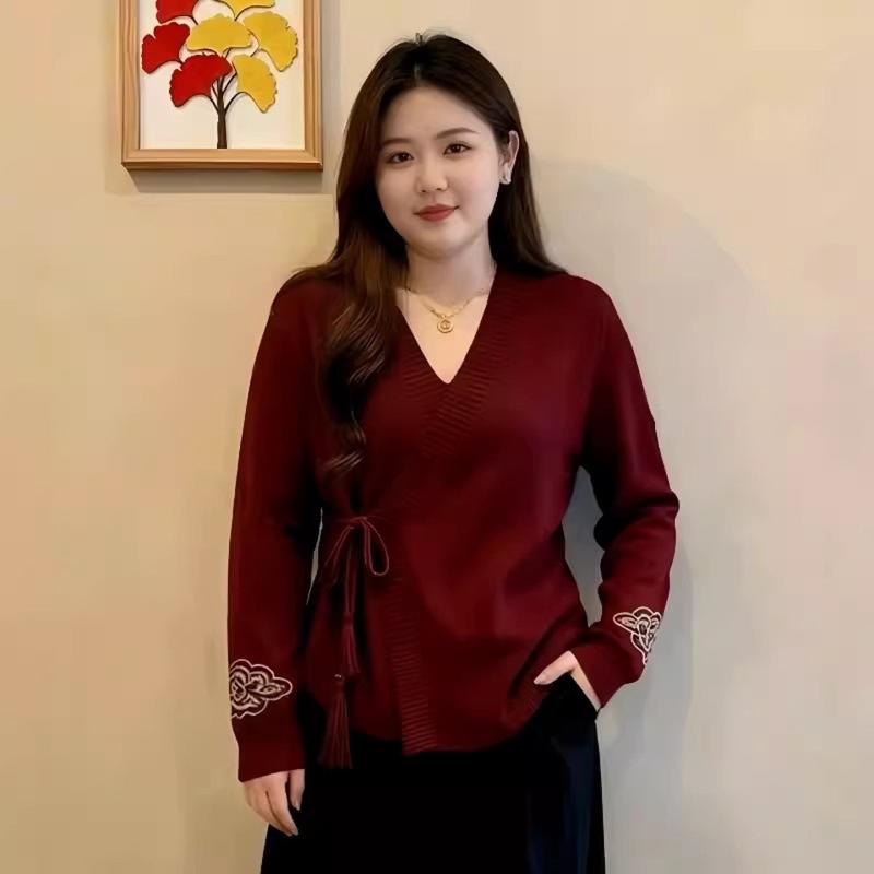 セーター レディース 赤 秋冬 大きめサイズ ゆったり すっきり見え ウエスト紐 ニット 暖か 伸縮性 普段使い トップス