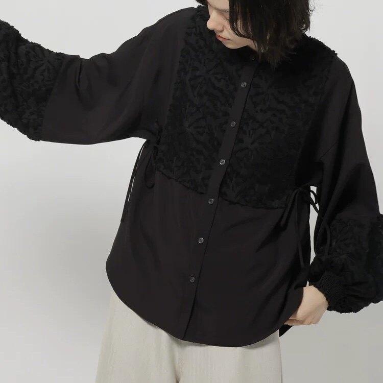 ブラウス レディース 長袖 ランタンスリーブ 提花 切り替え トップス ふんわり袖 女性用 普段使い 伸縮性 綿混 軽量 シャツ