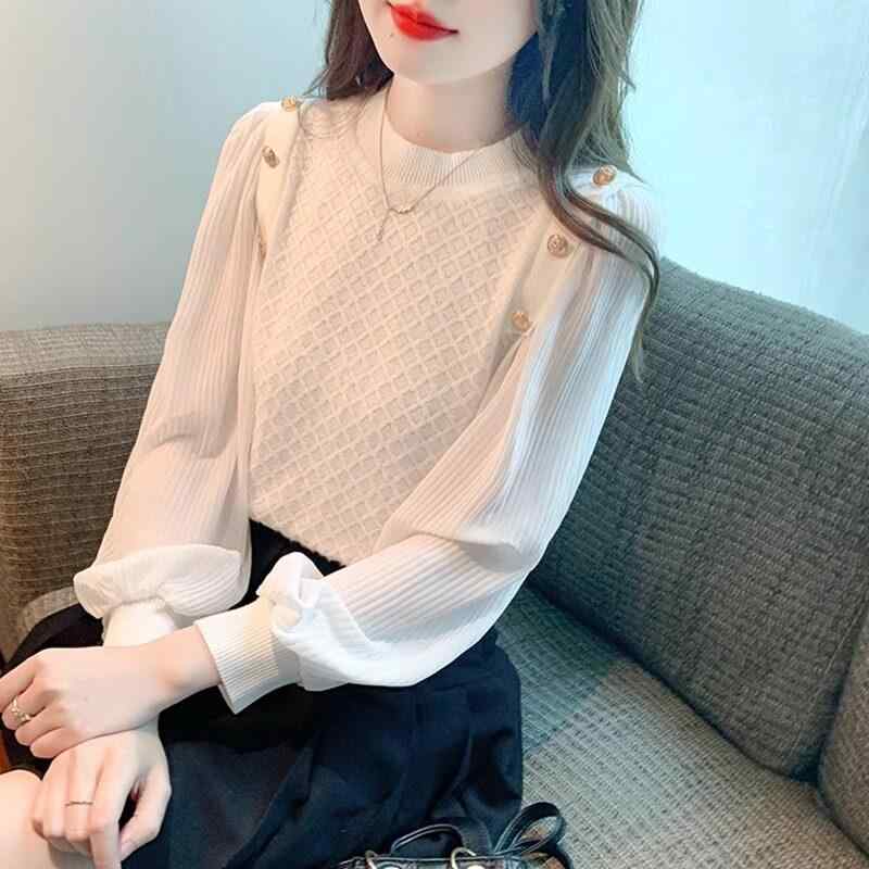 ブラウス レディース シフォン 切り替え ニット ランタンスリーブ 春秋 軽量 伸縮性 トップス 普段使い 女性用|みやショップ店