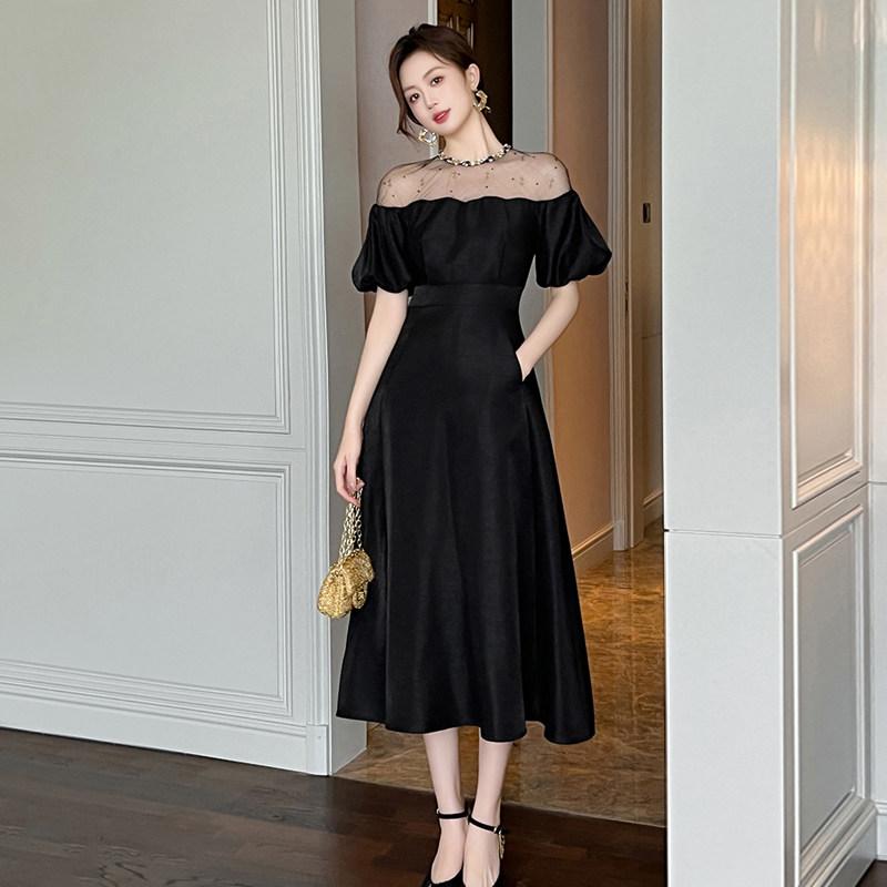 ワンピース レディース 夏 パーティー用 高級感 ロングスカート ブラック 収腰 パフスリーブ エレガント フレンチスタイル 軽量 伸縮性 女性らしいシルエット フォーマル ドレス