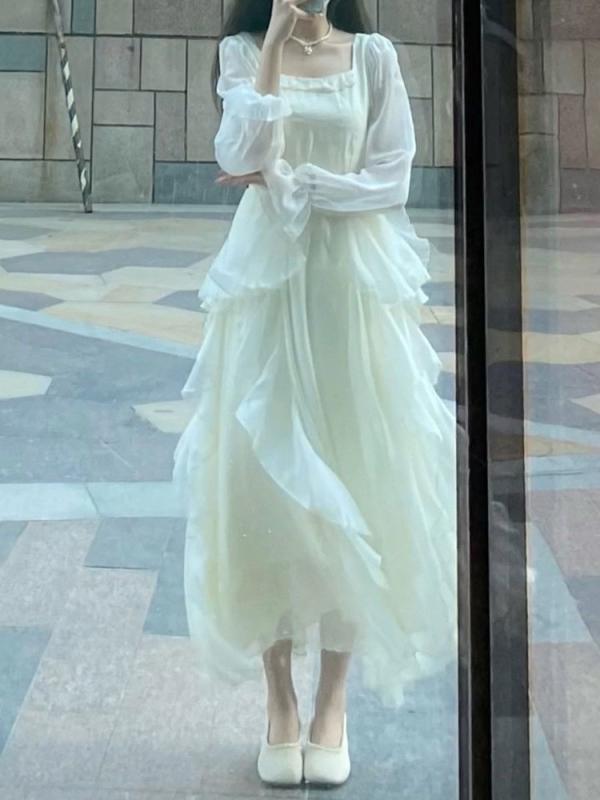 ワンピース レディース 春夏 長袖 フレンチスタイル ユニーク ジェントル 森ガール ナチュラル フェミニン ソフト素材 軽やか シルエット