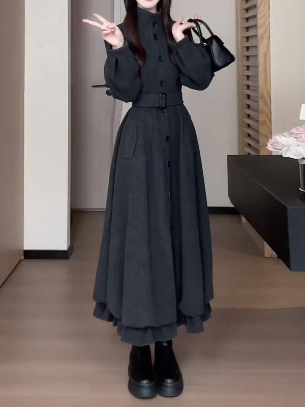 ワンピース レディース 秋冬 高級感 エレガント ウエストマーク フレアスカート ロング フレンチスタイル 暖か素材 女性らしい シルエット