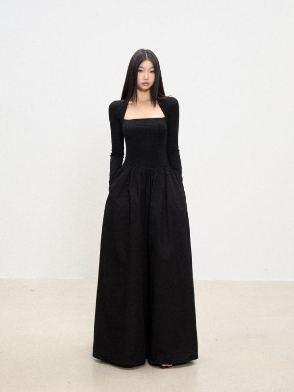 レディース ワンピース 長袖 ロングドレス ブラック 秋 韓国 収腰 修身 スリムフィット ボディコン フェミニン スタイル ウエストシェイプ スリムライン｜みやショップ店