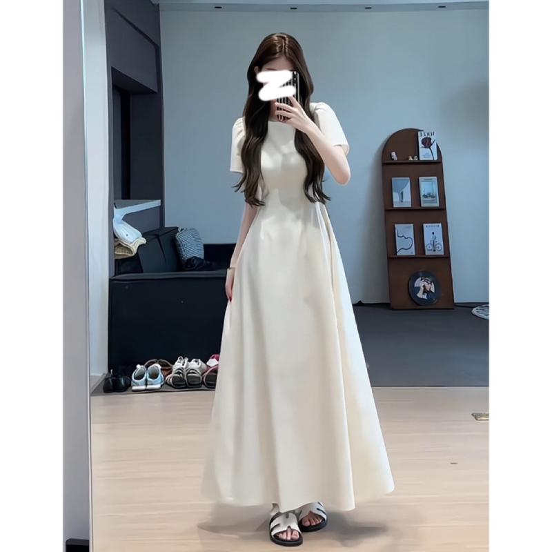 ワンピース レディース 白色 ロング丈 フレンチ エレガント 高級感 ウエスト シェイプ スリム 礼服 春夏 伸縮性 軽量 吸湿速乾｜みやショップ店