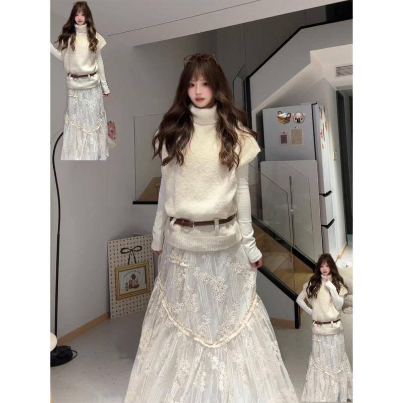 レディース ニット トップス レース 切り替え ミディ スカート セット 春 フレンチ ガーリー スタイル 軽やか コーディネート