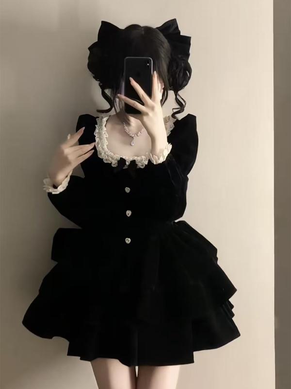 レディース ワンピース 秋 ブラック ベルベット フレンチ レトロ お嬢様風 プリンセススカート ウエストマーク ふわふわ フレア ボリュームシルエット 高級感 膝丈 膝下丈