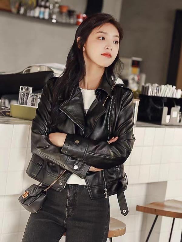 レディース ブラック レザージャケット 秋 ライダース アウター スリム ショート丈 大きめサイズ 韓国 女性用 トップス 軽量 伸縮性 吸湿速乾