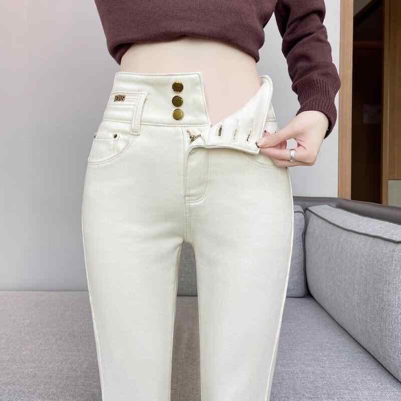 デニムパンツ 女性用 ハイウエスト オフホワイト スリムレッグ 伸縮性 タイト 裏地付き ペンシルパンツ 春秋 普段使い 軽量 吸湿速乾