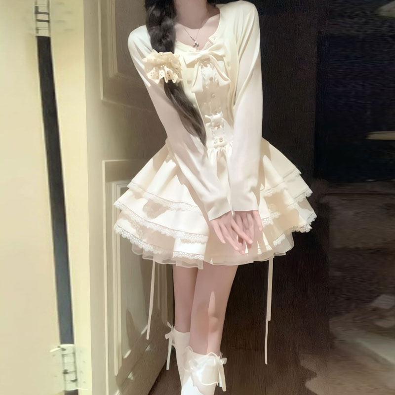 カーディガン ワンピース セット レディース ぺティート 春 フレンチスタイル 甘め ふわふわ レイヤード かわいい ユニーク |みやショップ店