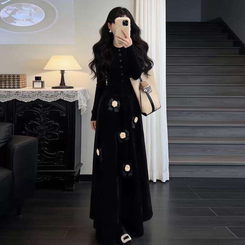 レディース ロングスカート ブラック 花柄 フレンチスタイル 高級感 スリムフィット 大人女性向け レイヤード 普段使い 軽量 伸縮性