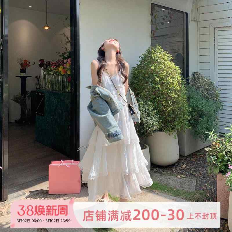 ワンピース レディース ホワイト ストラップ 春夏 ビーチ リゾート フレア ロングドレス 軽量 レイヤード 女性用 度假 スタイル サマードレス キャミソール タイプ 海辺 ウェア