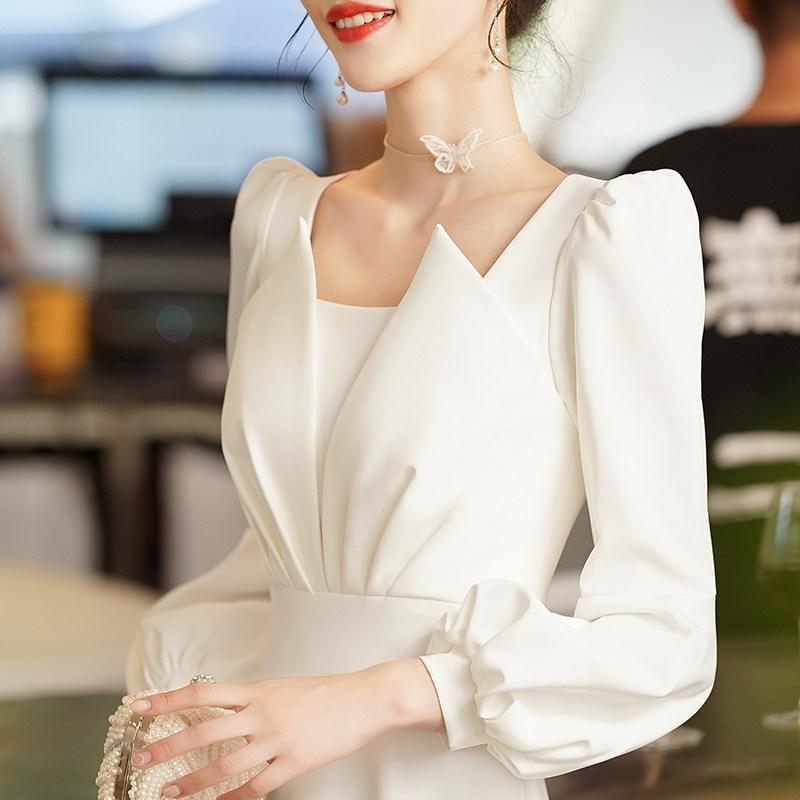 イブニングドレス レディース 白 サテン ロング丈 長袖 夏用 フレンチスタイル フォーマルパーティー用 結婚式用 婚約式用 司会者用 軽量素材 伸縮性 吸湿速乾 シンプル|みやショップ店