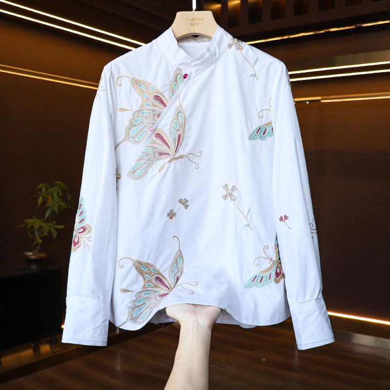 シャツ レディース 白 ボートネック 刺繍 コットン 中国風 春夏 トップス インナー 柔らかい 素材 普段使い 通勤用 軽量 吸湿性|みやショップ店