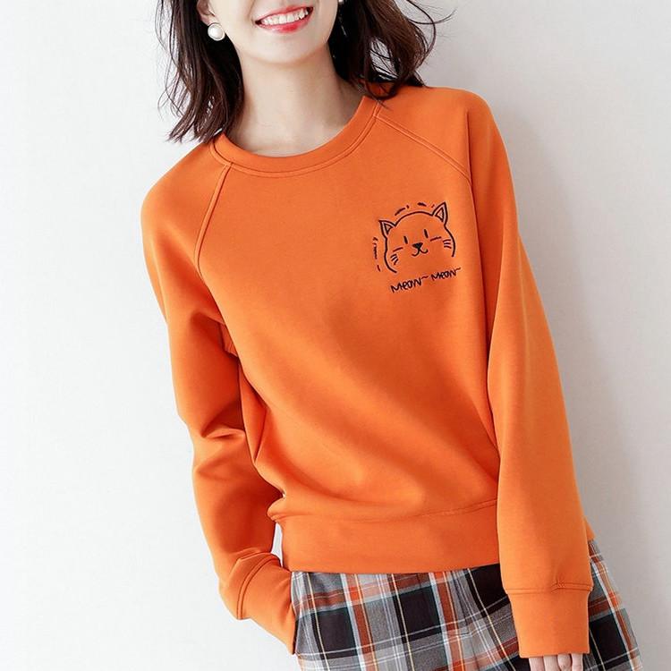 パーカー レディース ゆったり 韓国 春秋 刺繍 猫モチーフ プルオーバー オレンジ カラー 性 高め カジュアル アウター トップス ユニーク スタイル