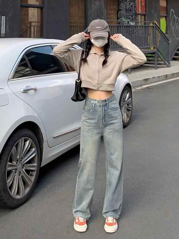 レディース ハイウエスト ストレート ワイドレッグ デニムパンツ フロア丈 ゆったり 細見え レトロ 淡色 カジュアル 日常使い ボトムス