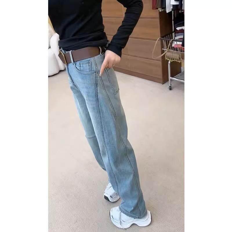 レディース デニムパンツ ハイウエスト ストレートレッグ ビッグサイズ 梨型ボディ スリム効果 スリムフィット カーブドレッグ ジーンズ ボトムス 普段使い 伸縮性 デニム素材