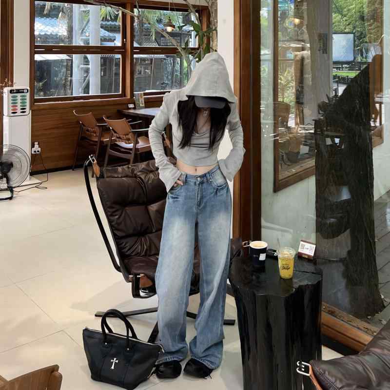 レディース デニムパンツ 秋 ウォッシュ加工 ストレート ワイドレッグ ロング丈 ゆったり カジュアル 普段使い 伸縮性 デニム素材
