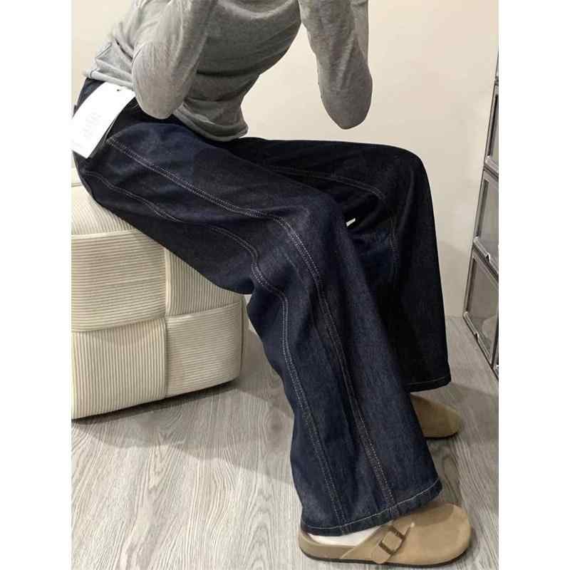 レディース デニム ワイドレッグ ジーンズパンツ ハイウエスト 厚手 ストレート ブルー 春夏 カジュアル 普段使い 梨型体型対応