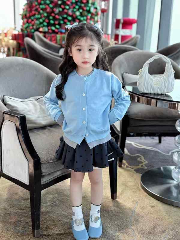 女の子 春夏 ブルー レイヤード カーディガン ポルカドット レイヤード スカート セット かわいい 子供服 日常使い 軽量 綿素材x2
