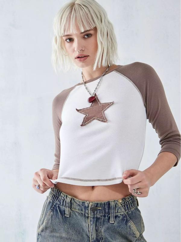 レディース Tシャツ ストリート風 星柄 アップリケ コントラストカラー ラグランスリーブ レトロ クルーネック ショート丈 トップス 普段使い 軽量 伸縮性
