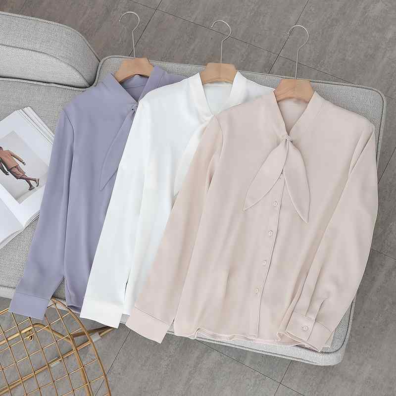 ブラウス レディース 長袖 シフォン 素材 春 春夏 OL スタイル リボン 付き トップス 通勤 用 上品 軽量 通気性 吸湿 速乾 職業 シャツ インナー レイヤード 可能 ビッグ シルエット Vネック 切り替え 柄 ピンク 系 アイボリ