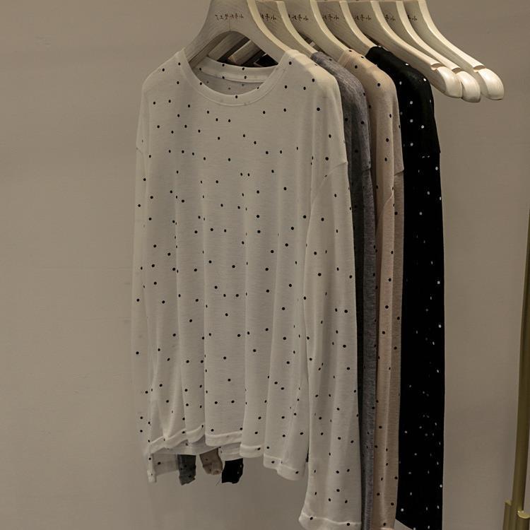 Tシャツ レディース UVカット ポルカドット柄 ゆったり ドレープ 柔らかい生地 丸首 長袖 インナー トップス 夏用 吸湿速乾 軽量 スタイリッシュ