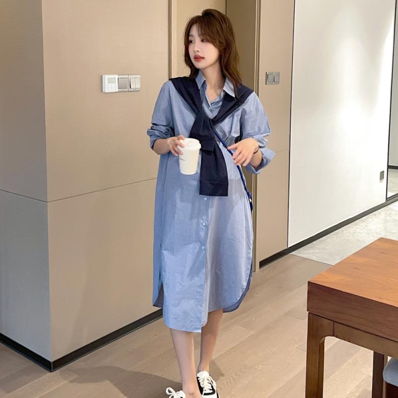 マタニティワンピース 妊婦ドレス 春夏 ショール付き ミドルロング丈 シャツスタイル 外出用 カジュアル 伸縮性 コットン混 通勤対応 軽量 スタイリッシュ