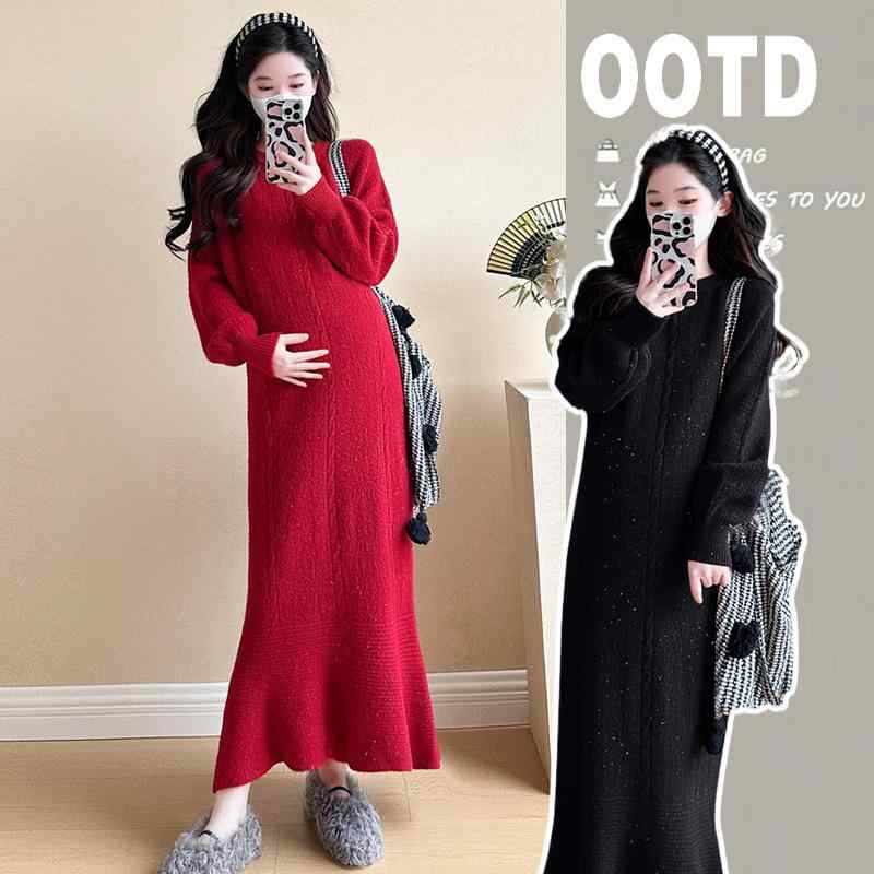 妊婦用 ニットスカート 秋冬 厚手 フィッシュテール ロング スリム エレガント 輝き スタイリッシュ マタニティ ゆったり 伸縮性 暖か 普段使い