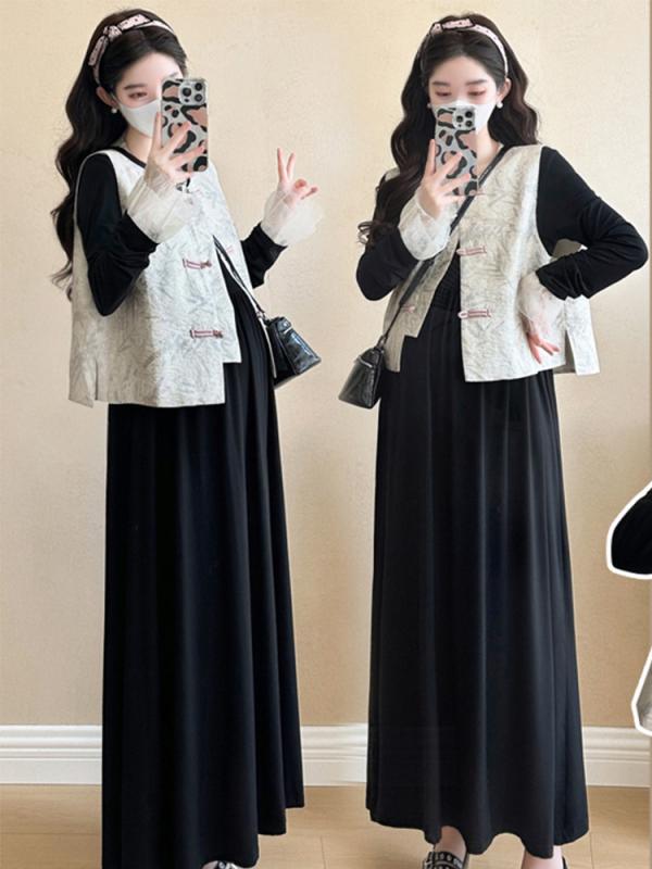 マタニティ 春夏 中華風 長袖 レース スカート セット ベスト 付き スリム シルエット 上品 韓国 ファッション 軽量 伸縮性 吸湿 速乾 快適 ゆったり エレガント