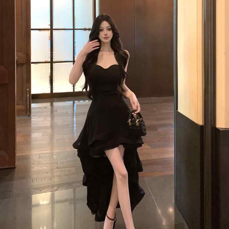 衣裳 レディース 黒いこと フラウンス ストラップレス 不規則さ 燕尾 裾 寄り合い 御召しもの 生まれ落ちる日 愛くるしい  膝丈 軽さ 原料品 伸縮性 亭主もち用 フォーマル 普段使い