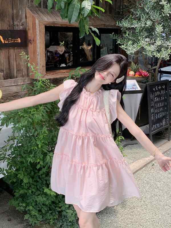 ワンピース 女性用 夏 ピンク フリルスリーブ ミルク系 かわいい 初恋風 小柄向け ドールスカート 甘め コーディネート 普段使い パステルカラー 軽量 フレアシルエット画像