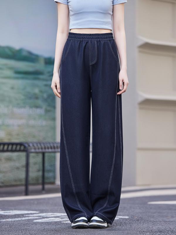 デニムパンツ レディース 夏用 薄手 ハイウエスト ワイドレッグ スリム見せ バナナシルエット フィット ドレープ感 コントラストステッチ カジュアル 普段使い コットン混 軽量 伸縮性 通勤対応 デイリーウェア