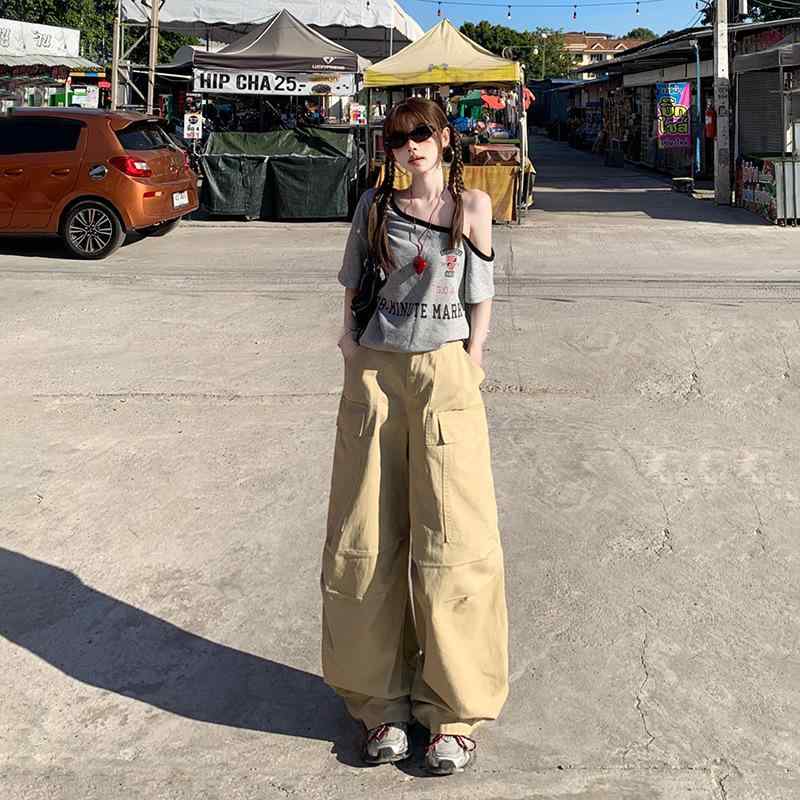 レディース カーゴパンツ アメリカン レトロ ストレート プリーツ ゆったり 多ポケット 秋冬 ストリート カジュアル ワーク 普段使い 合わせやすい