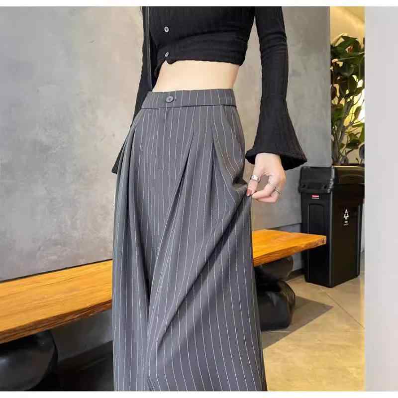 レディース パンツ 秋 ストライプ スーツ ワイドレッグ ハイウエスト ゆったり スリム効果 デザイン性 ストレート ドレープ感 カジュアル 普段使い