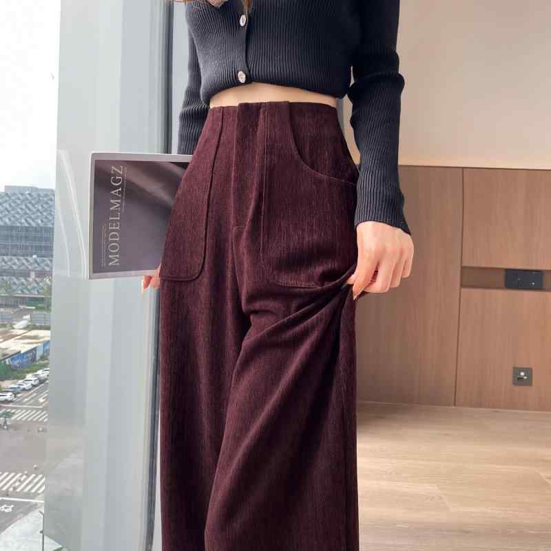 レディース 秋冬 赤 コーデュロイ ベルベット ハイウエスト ワイドレッグ パンツ 高級感 スリム効果 カジュアル ストレート ボトムス 普段使い 脚長 暖かみ 柔らかい 素材