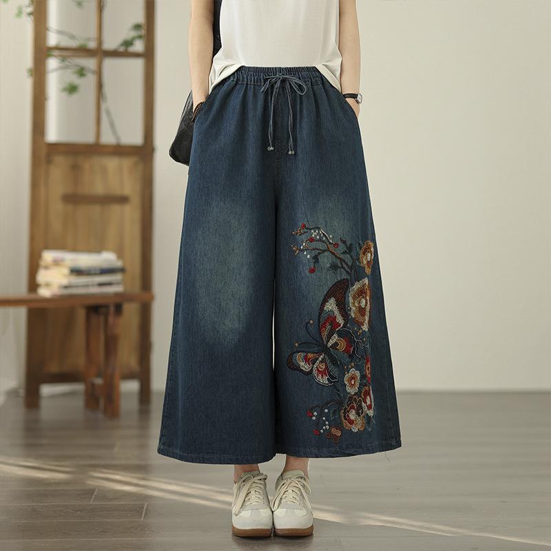 ワイドパンツ レディース デニム 薄手 ソフト素材 エスニック刺繍 伸縮ウエスト ビッグサイズ ゆったりシルエット カジュアル 普段使い 軽量 ルーズフィット