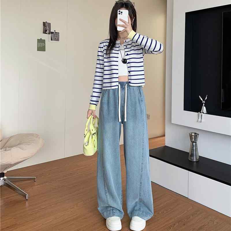レディース ワイドパンツ ハイウエスト ロング ストレート デニム リヨセル混 薄手 春夏 ルーズ カジュアル スリム効果 ヒップカバー 日常使い 軽量 伸縮性