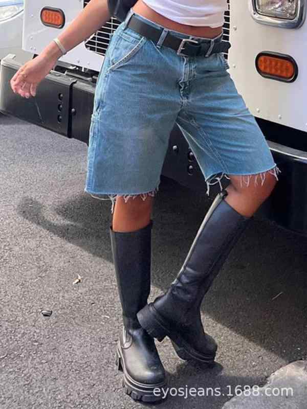 レディース デニムパンツ ブルー ストレート 七分丈 ハイウエスト ワイドレッグ 小柄対応 夏用 カジュアル 普段使い ストレッチ素材 軽量 快適