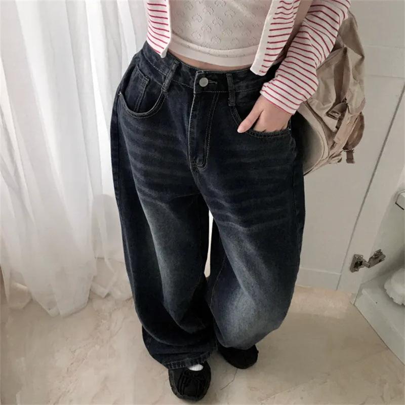 デニムパンツ レディース 春 ゆったり ワイドレッグ ブルー レトロ ウォッシュ加工 スリム見せ 股隠し ロングパンツ カジュアル 普段使い ストレッチ インディゴ ライトブルー ハイウエスト ビッグシルエット