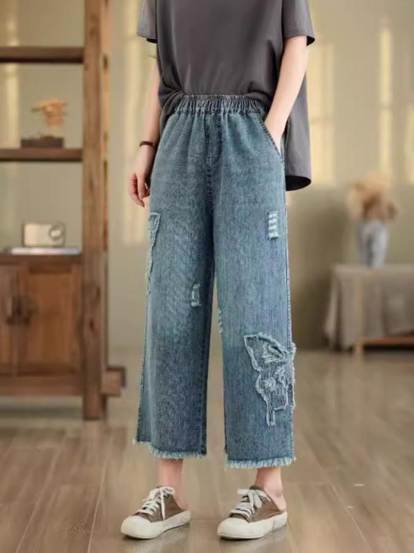 レディース ワイドレッグデニムパンツ レトロ エスニック 重刺しゅう 綿織物原料品 ゆったり影ぼうし 水洗いする工業 秋向け 今めかしい 普段使い