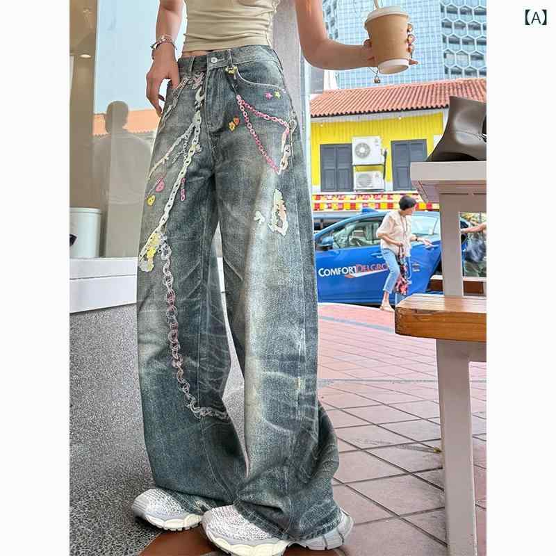 レディース デニムパンツ レトロ アメリカン チェーン 3Dプリント 春夏 ゆったり ストレート ワイドレッグ ロング丈 デザイン デニム素材 コットン 混紡 伸縮性 カジュアル 普段使い