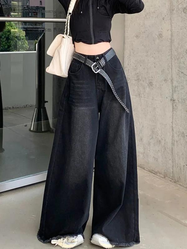 デニムパンツ レディース ブラック ワイドレッグ ハイウエスト ルーズ レトロ 春 スリム ドレープ フリンジ フロア丈 ロング カジュアル 普段使い デニム素材 伸縮性 軽量