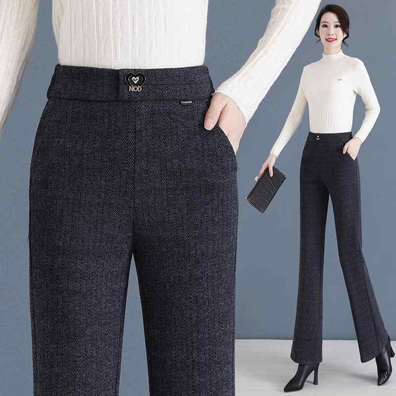 秋冬 レディース ハイウエスト ワイドレッグ パンツ ウール混 厚手 裏起毛 カジュアル ドレープ感 ストレート 普段使い ママ 暖か 伸縮性 デイリー