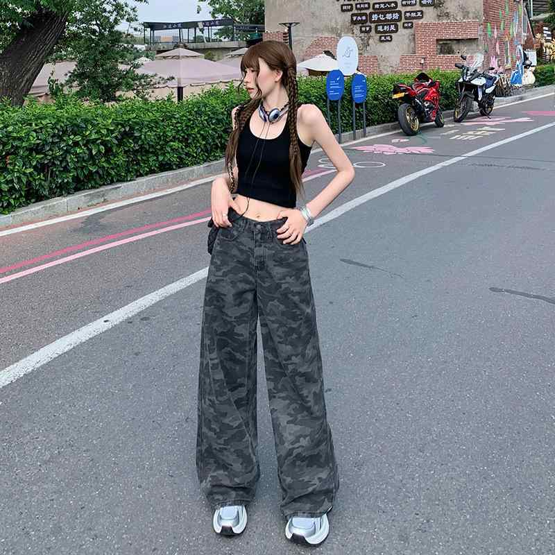 女性用 ワイドレッグ デニムパンツ アメリカン レトロ カモフラージュ柄 夏 ルーズ スリム効果 ドレープ感 ストレート ロング丈 カジュアル 普段使い 伸縮性 吸湿速乾
