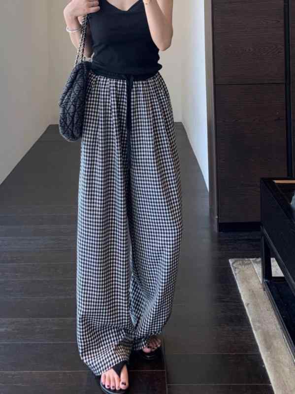 レディース パンツ チェック柄 ハイウエスト ワイドレッグ ゆったり ストレート 春夏 カジュアル スリム効果 普段使い 快適 スタイル