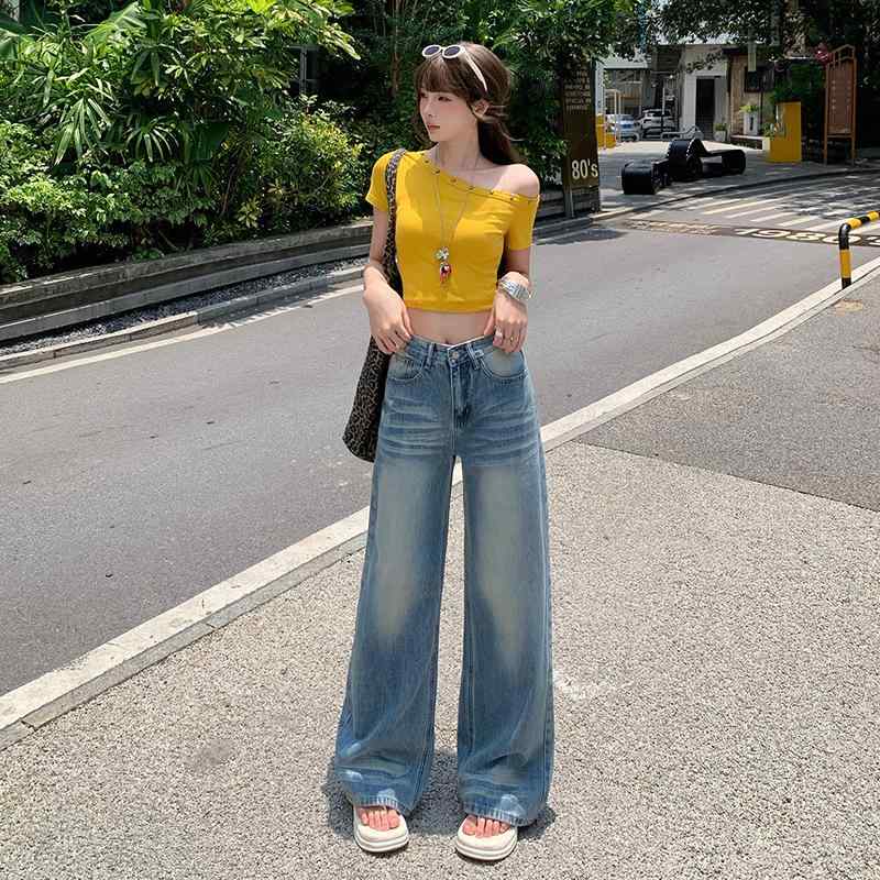 女性用 デニムパンツ ハイウエスト ワイドレッグ レトロ アメリカンスタイル ウォッシュド 折り目デザイン ルーズフィット スリム効果 夏 カジュアル デニム素材 ストレッチ 普段使い