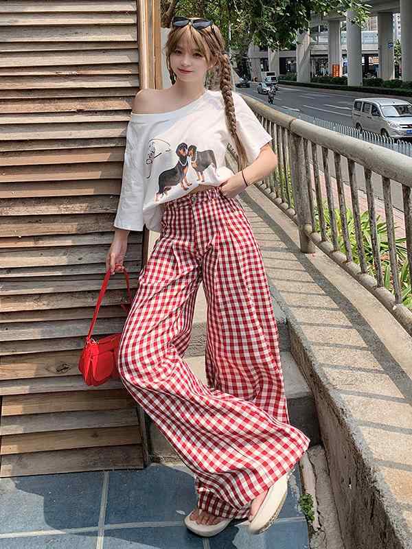レディース ハイウエスト ワイドレッグ パンツ 赤白 チェック柄 レトロ 春夏 カジュアル マキシ丈 日常使い ストリートスタイル