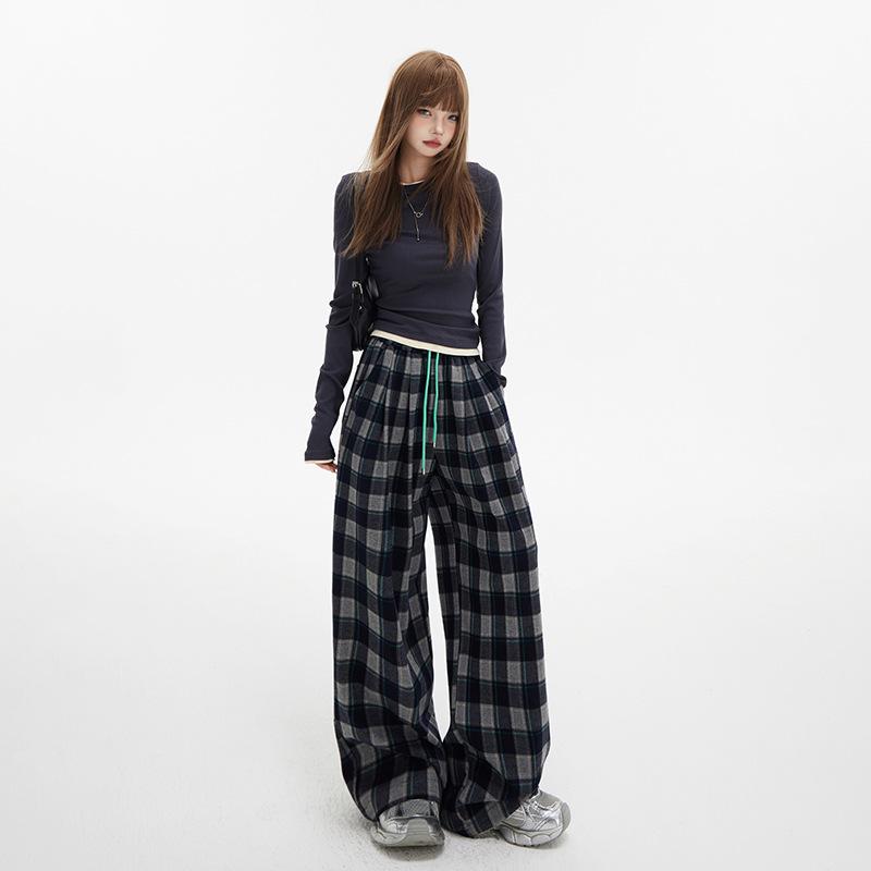 レディース ワイドレッグパンツ チェック柄 ハイウエスト 厚手 ドローコード ゆったり ストレート ドレープ感 春夏 カジュアル 普段使い アメリカンスタイル